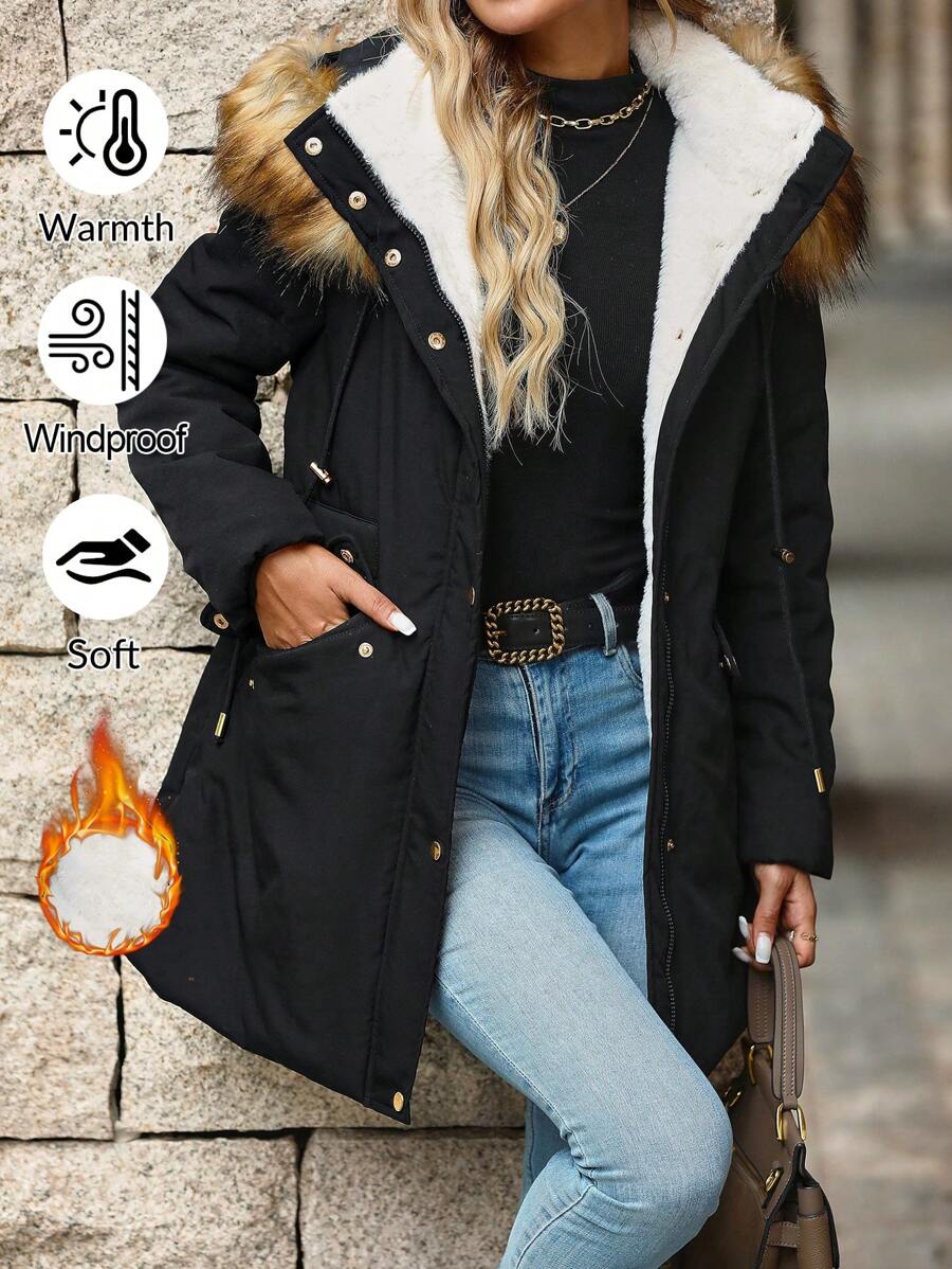 SHEIN Clasi Winter Warm Hooded Patchwork Fluffy Pocket Padded Coat Winter Women Jacket - Black - View 1