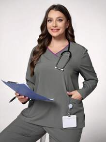 TaskEZ Set de uniforme pentru femei, cu decolteu în V, cu mâneci lungi, cu buzunare, cu top și pantaloni - Gri - Vizualizare 5