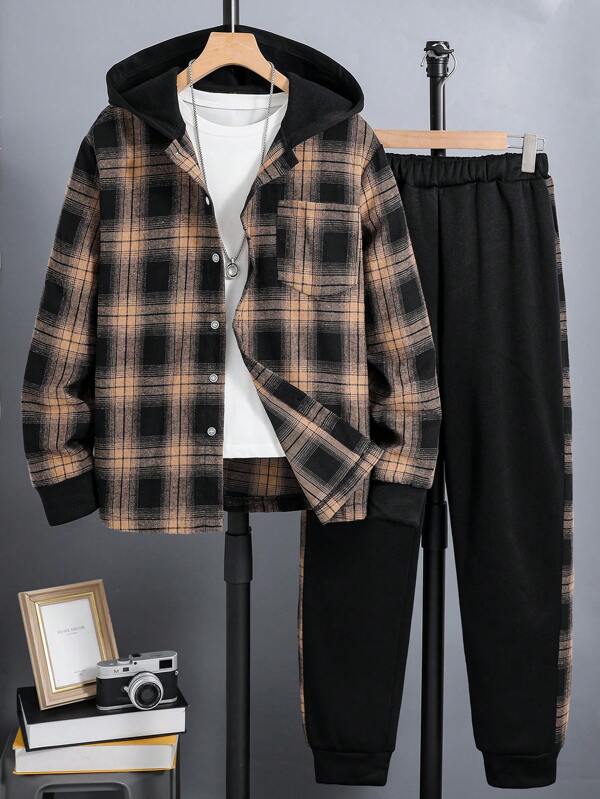2pcs Teenage Boys' Plaid Long Sleeve Shirt And Hooded Cardigan With Long Pants Set, Fall/Winter