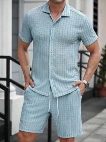 Manfinity Homme 2 piezas Camisa de manga corta con botones de unicolor y pantalón corto casual con bolsillos con cordón para hombre