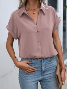 EMERY ROSE Áo sơ mi tay ngắn màu trơn có cổ gập, mùa hè - Bụi hồng - Xem 4