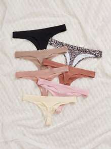 7 件装无缝舒适简约豹纹印花大地色系女式丁字裤 - 彩色 - 查看 4