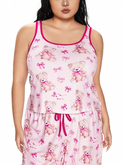 Kawaii Conjunto de camisola y pijama informal con bloques de color, lazo y diseño de oso de peluche lindo para talla grande