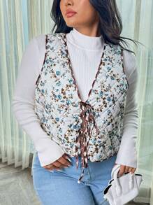 SHEIN Privé Veste matelassée thermique à imprimé floral avec nœud papillon, style académique vintage élégant pour grande taille, style retour à l'école