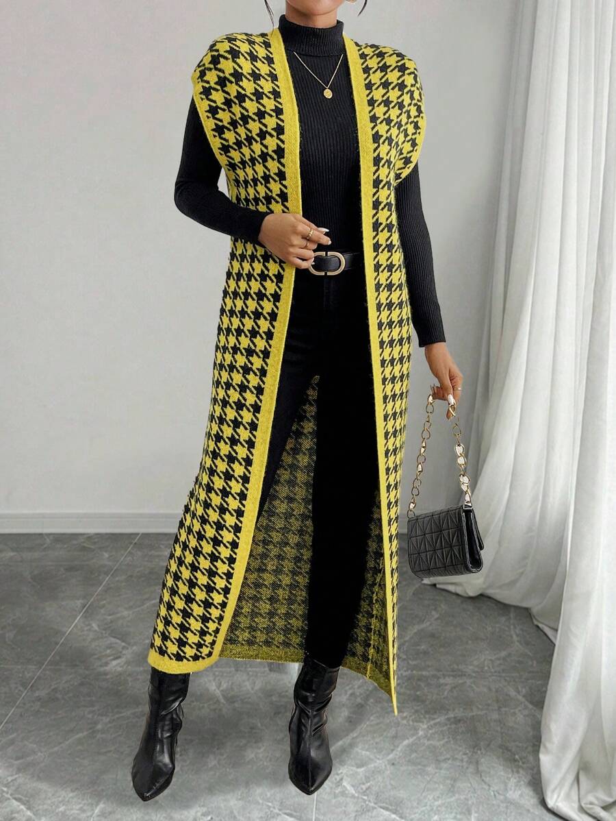Chiquease Fashionable European & American Style Oversized Thick Slouchy Yellow Houndstooth Cardigan For Fall/Winter - Multicolor - View 1