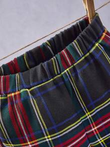 SHEIN 2pcs/Set Vintage British Style Baby Boys Formal Suit Set, Including Long Sleeve Plaid Blazer Jacket And Loose Shorts, Classy Red-Green Tartan Pattern, Suitable For Parties, Weddings, Birthday, Performances, School Events And Other Formal Occasions, For Christmas