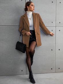 EMERY ROSE 秋冬季女士纯色翻领长袖单排扣休闲大衣 - 棕色 - 查看 5