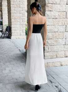 Chiquease فستان صيفي للنساء بتصميم ألوان متباينة ومطوي - أبيض وأسود - مشاهدة 2