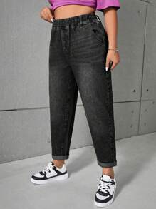 SHEIN ICON High Waisted Elastic Waistband Plus Size Blue Cropped Skinny Jeans