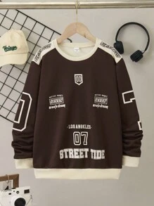 SHEIN Tween Boys' Fashionable & Sporty Casual Letter Print Pattern Contrast Color Loose Fit Sweatshirt Chic Autumn/Winter - Multicolor - View 3