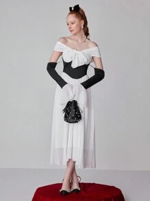 SHEIN Belle Women's Contrast Color Bow Decorated Formal Gown (Embellished) - White - View 1