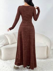 Modelyn 2pcs Women's Casual Front Tie Long Sleeve Blouse And Long Skirt Set, Autumn/Winter - Rust Brown - View 6