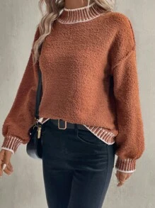 Chiquease 女士厚款宽松立领毛衣，适合户外、居家和休闲，秋冬秋季服装，长袖上衣 - 棕色 - 查看 7