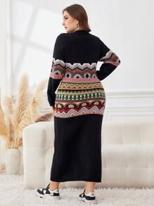 Mulvari 大码圆领数码印花长袖毛衣裙，冬季 - 彩色 - 查看 2