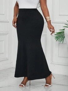 SHEIN Lady Spring And Summer Autumn And Winter Elegant  Black  Knitted Mermaid Midi Plus Size Skirts - Black - View 4