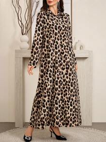 Al Najma رمضان فستان نسائي متوسط الطول بأكمام طويلة وتصميم مريح، مع طبعة نمر وأزرار - متعدد الألوان - مشاهدة 2