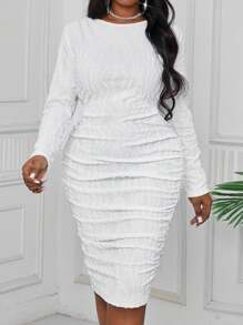 SHEIN Lady Spring And Summer Autumn And Winter Elegant White  Knitted Off The Shoulder Pencil Midi Drawstring Long Sleeve Plus Size Dresses