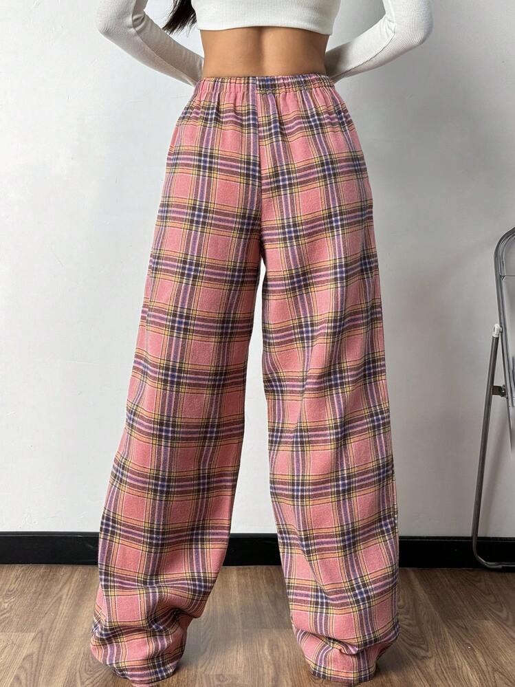 SHEIN EZwear Casual Drawstring Waist Plaid Wide-Leg Pants, Autumn - Multicolor - View 2