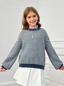 SHEIN Leap Crew 青少年女孩宽松舒适简约圆领条纹图案落肩套头毛衣 - 藍色 - 查看 10