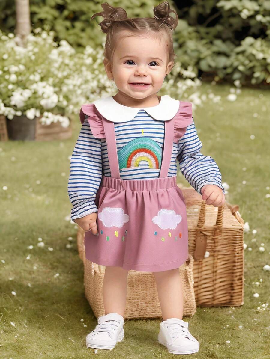 Baby Mädchen Set aus Langarm Top mit Regenbogen Stickerei, gestreift und Lätzchen Kleid - Pink - Übersicht 1