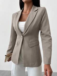 EURMUSE Women's Solid Color Single-Button Elegant Long Sleeve Blazer - Light Grey - View 5