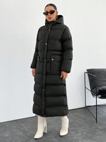 EURMUSE Unique Design Quilted Metallic Lined Hooded Drawstring Hem Puffer Long Winter Coat - Black - View 4