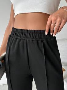 EURMUSE Women's Solid Elastic Waist Seam Detailed Pants - Black - View 3