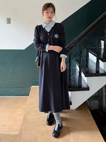 DAZY Women's Contrast Color Patchwork Long Dress In College Style Shirt Dress