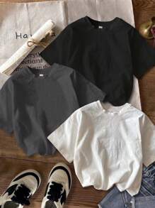SHEIN EZwear Bộ 3 chiếc áo thun ngắn tay bó sát in hình ngôi sao OK tối giản giản dị dành cho nữ, mùa hè - Nhiều màu - Xem 2