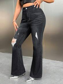 SHEIN ICON Jeans acampanados de cintura alta con agujeros desgastados, estilo Y2K de talla grande para mujer