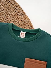 Cozy Pixies Set de 2 piezas Suéter de cuello redondo suave con parche de color contrastante y pantalón de puño acanalado para niño bebé, color verde - Verde - Ver 5