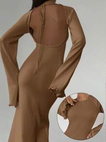 SHEIN Essnce 女式杏色雪纺连衣裙，喇叭袖，后系带，荷叶边下摆 - 駝色 - 查看 6