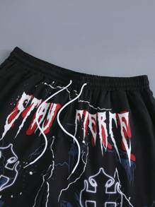 Manfinity Homme Set cămașă și pantaloni scurți cu guler polo cu imprimeu încrucișat și cu litere de vară pentru bărbați, mărime mare, ocazional, 2 buc/set