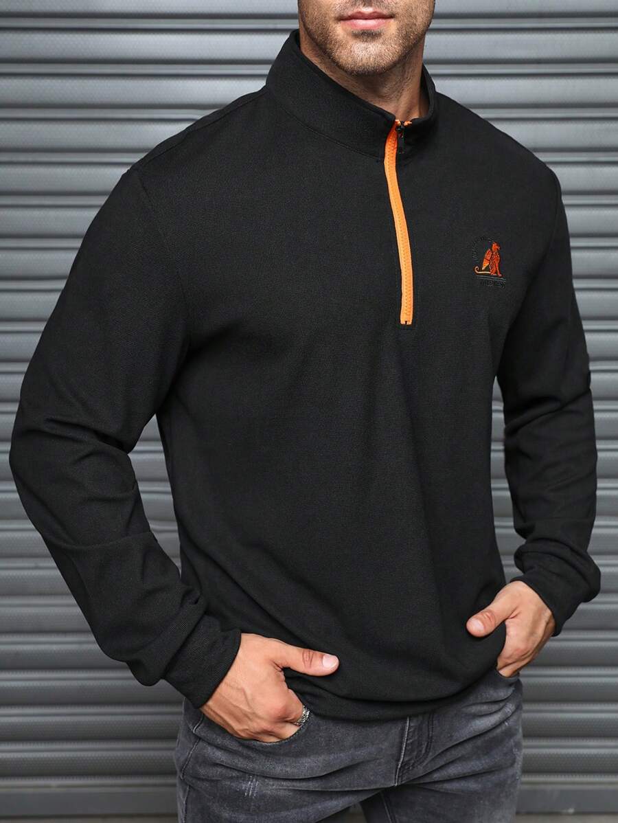 Manfinity Homme Men's Casual Animal Print Half-Placket Long Sleeve Pullover Sweatshirt, Autumn/Winter - Black - View 1