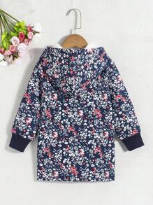 SHEIN Young Girl Floral Print Fleece Hooded Long Sleeve Winter Coat - Navy Blue - View 2
