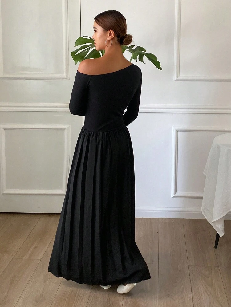 Solid Color Bodycon Long Sleeve Asymmetrical Shoulder Dress For Women,Fall Clothes