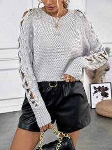 Chiquease Women's Casual Hollow-Out Sleeve Pullover Sweater, Knit Pullover Fall Winter - Light Grey - View 1