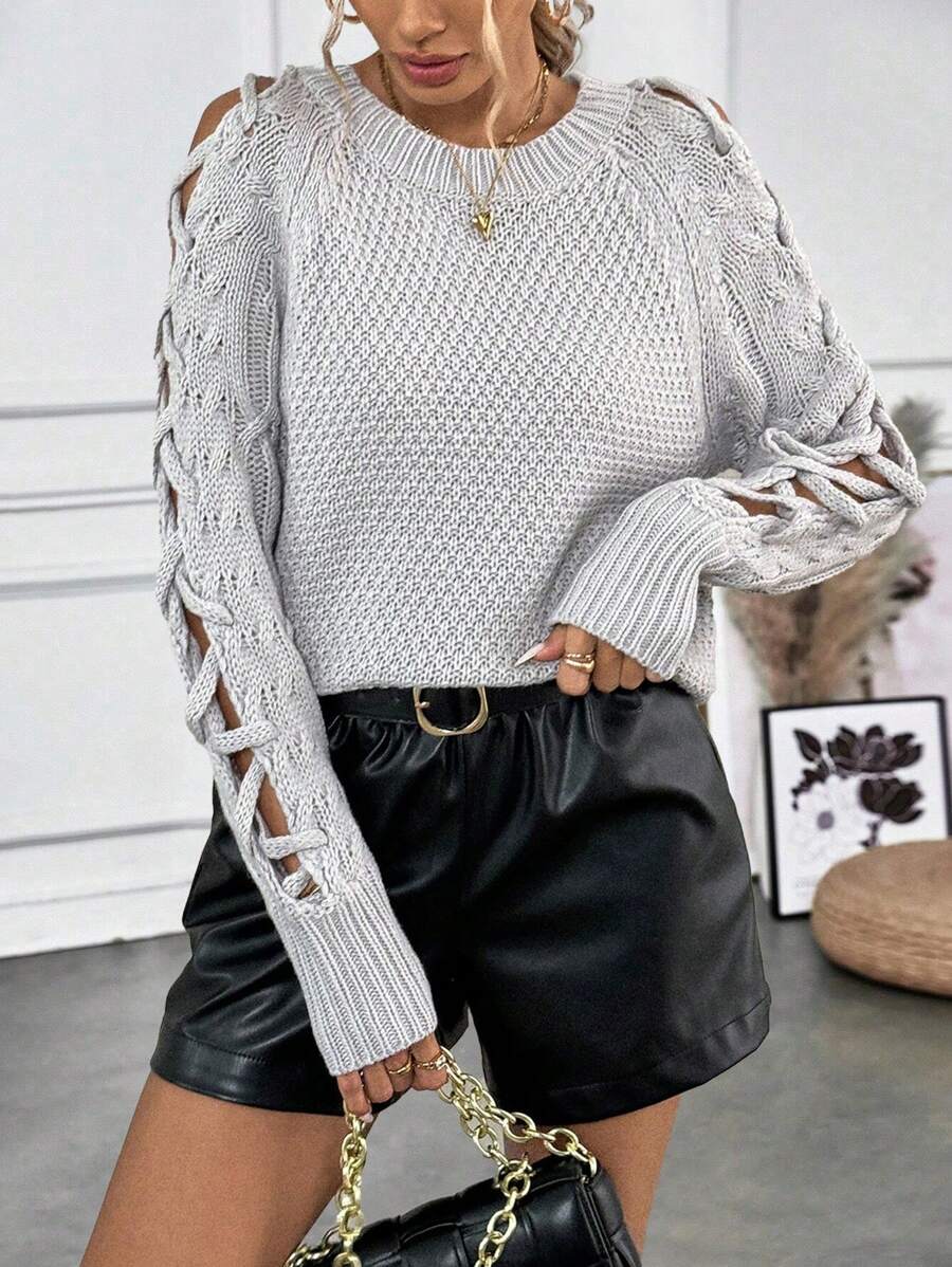 Chiquease Women's Casual Hollow-Out Sleeve Pullover Sweater, Knit Pullover Fall Winter - Light Grey - View 1
