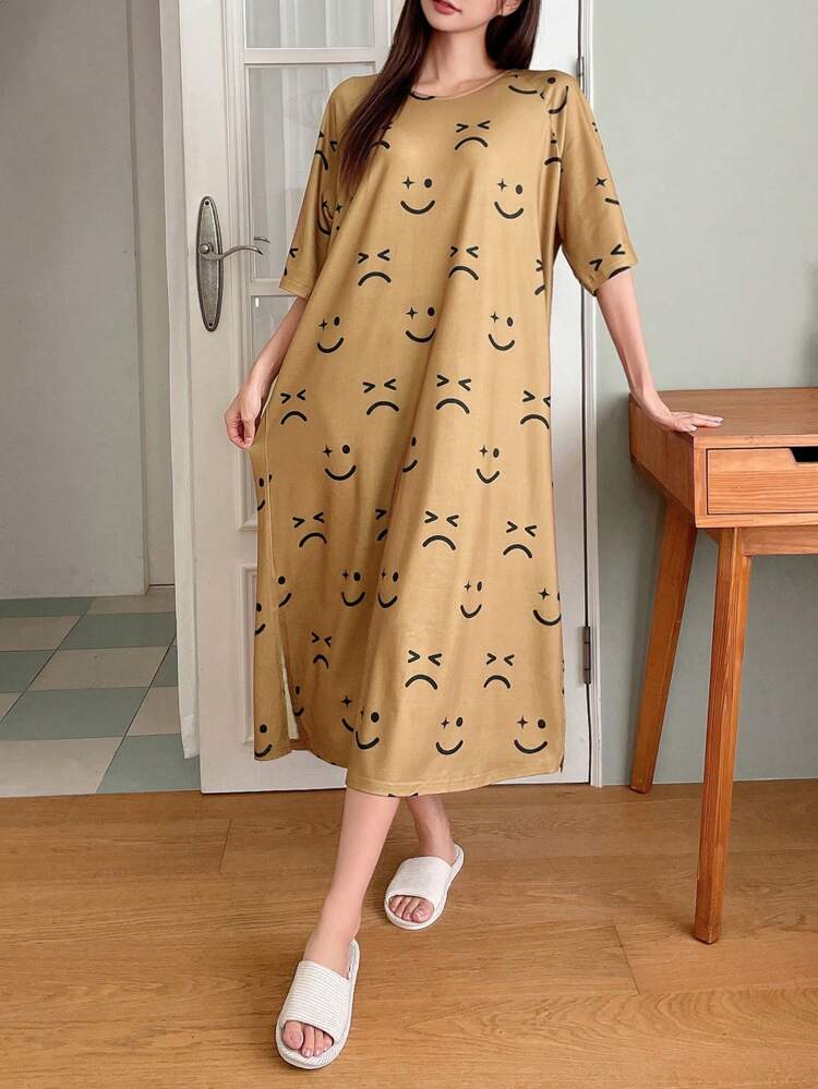 Women Print Round Neck Raglan Sleeve Loose Straight Casual Nightgown Pajama