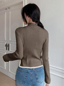 DAZY 女士休闲撞色边不对称下摆针织毛衣，秋季女装 - 紫紅色 - 查看 2