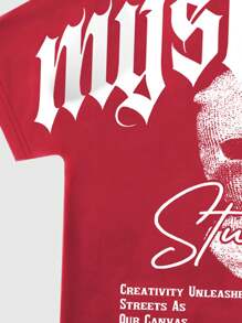 ROMWE MEN Street Life Men's Summer Slogan Face Mask And Character Print Round Neck Short Sleeve Casual T-Shirt, School - Red - View 5