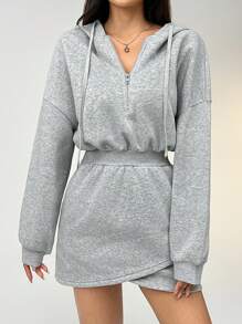 SHEIN EZwear 女士休闲简约前拉链连帽运动衫 - 灰色 - 查看 3