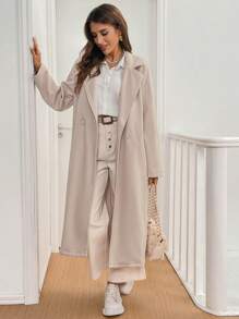 SHEIN Frenchy Women's Casual Striped Solid Color Drop Shoulder Long Sleeve Pockets Lapel Warm Brushed Woolen Coat, Autumn & Winter,Twill Texture Suit Collar Long Tweed Coat,Business Casual Women,Winter Women Costumes,Long Women Coats