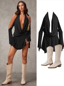 SHEIN BAE Women's Sexy Solid Color Cold-Shoulder Backless Draped Neck Dress, Brunch Women Outfit,Fall Women Dresses