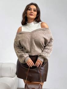 SHEIN Privé Plus Size Women Contrast Color Knitted French Style Apricot Pullover Sweater - Multicolor - View 6