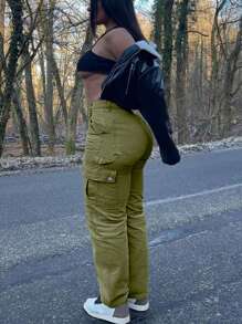 Plus Size Solid Color Front Button Closure Multi-Pockets Casual Cargo Pants - Army Green - View 2