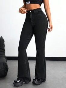 Women's Casual Flared Jeans With Slanted Pockets, Autumn - Black - View 3