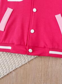 SHEIN Young Girl Spring/Autumn Letter Print Striped Long Sleeve Baseball Jacket And Mini Skirt Casual 2pcs Outfit - Hot Pink - View 6