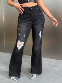 SHEIN ICON Jeans acampanados de cintura alta con agujeros desgastados, estilo Y2K de talla grande para mujer