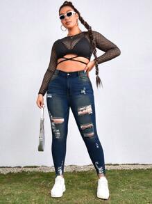 SHEIN Essnce Old Money 大码女式弹力时尚破洞牛仔紧身裤